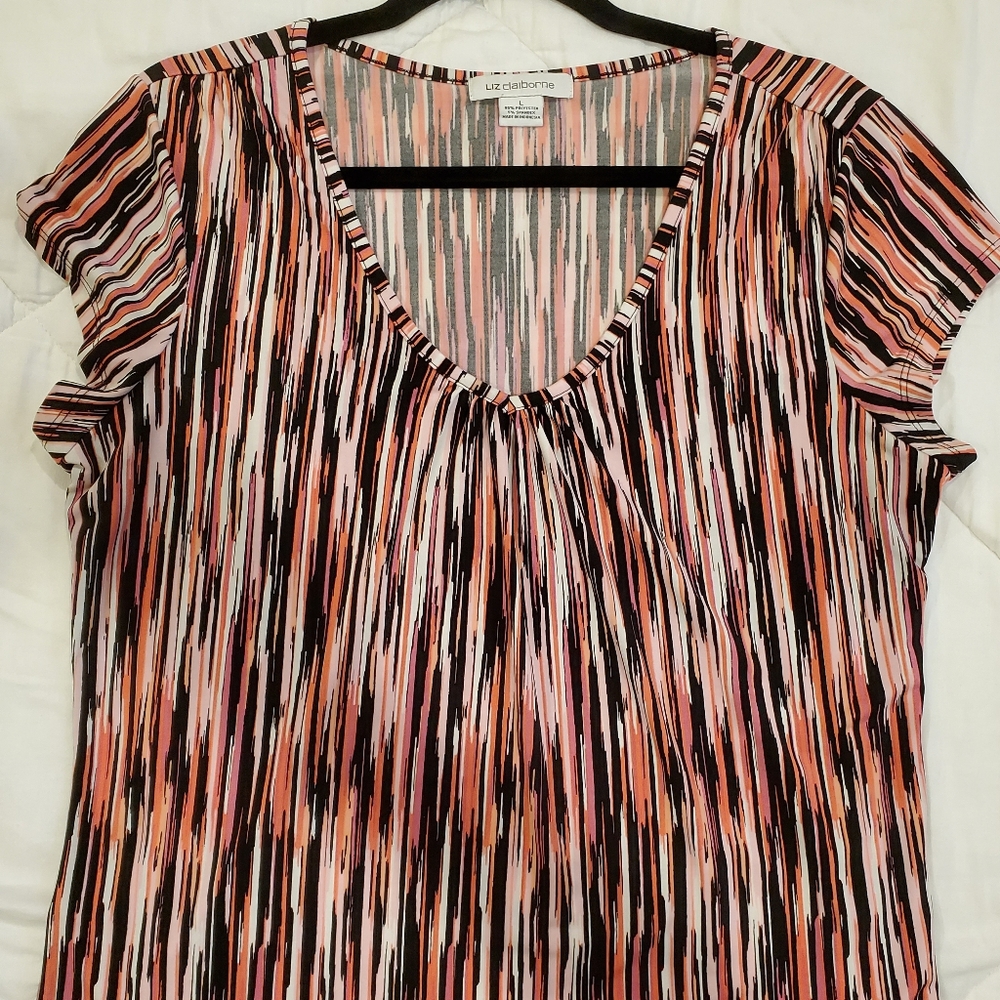 Liz Claiborne Black, white and shades of pink v neck blouse